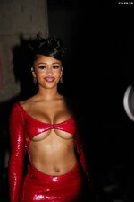 Saweetie Red Outfit Braless Beauty Fashion Show 13